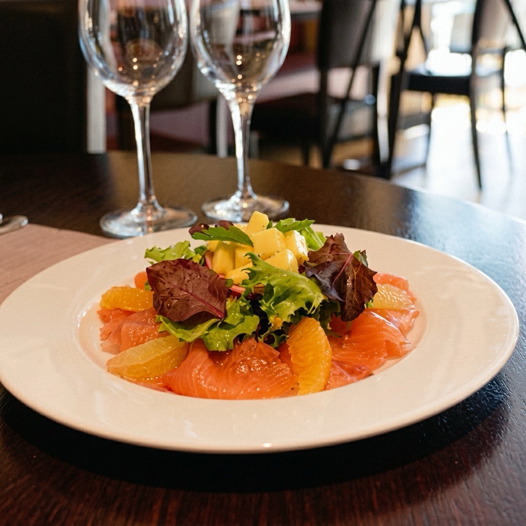 Assiette de saumon fumé, salade, mangue et agrumes