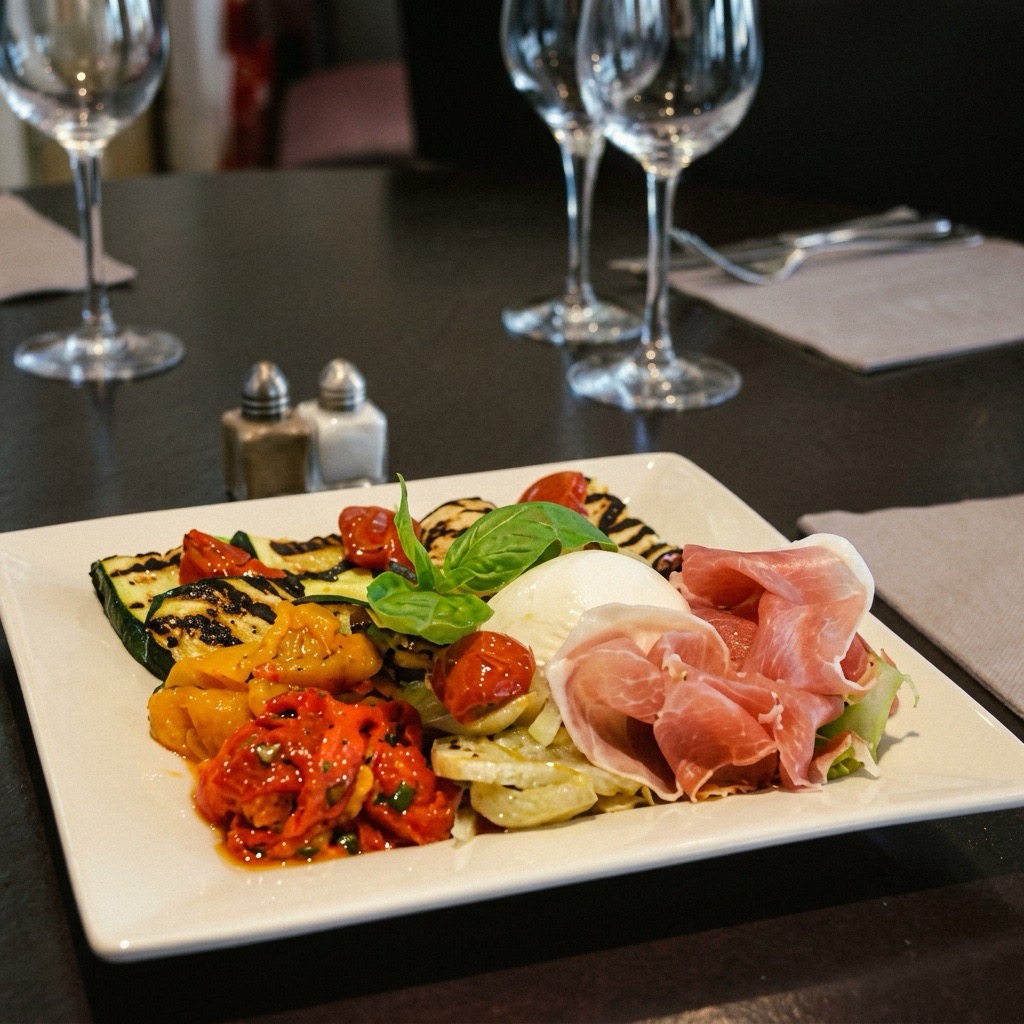 Assiette d'antipasti italiens avec légumes grillés, mozzarella et jambon de Parme