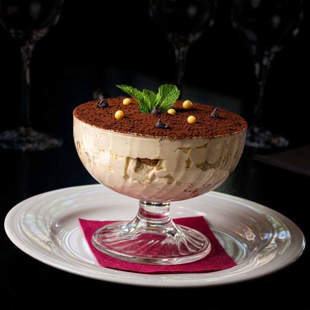 Tiramisu présenté dans une coupe en verre, décoré de cacao et de menthe